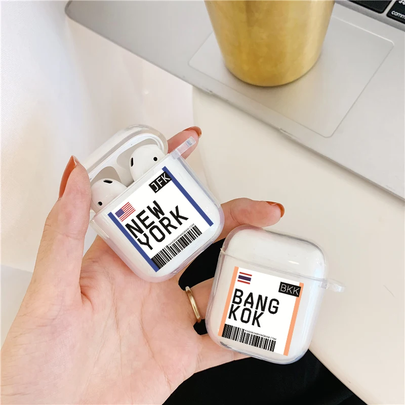

Fashion tourist Air tickets Bluetooth Headset case for Airpods 2 1 New York Seoul London Label Bar code Earphone Clear TPU Cover