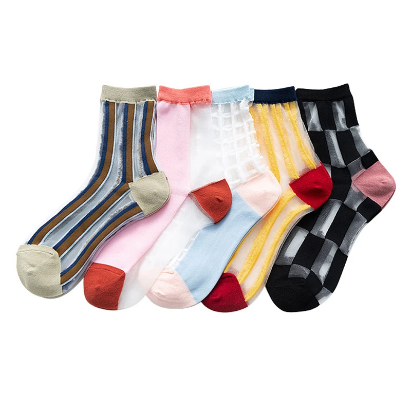 

5 Pairs Summer Transparent Silk Woman Socks Fashion Nylon Mesh Breathable Socks Women Retro Plaid Striped Lace Thin Socks Female