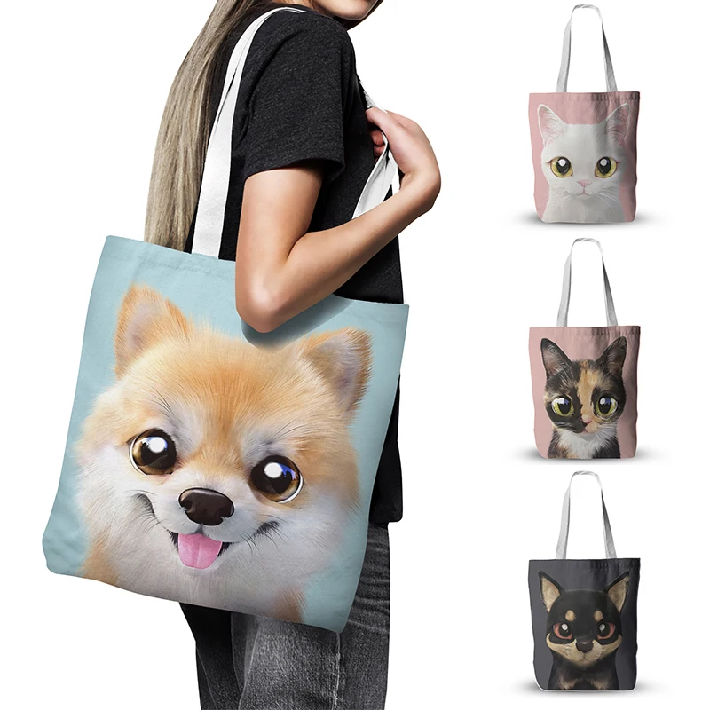 

2021 Animal Pattern Canvas Bag Cute Cat Handbag Women Shopping Bag Korean Simple Tote Bag Reusable Large Capacity Storage Bag