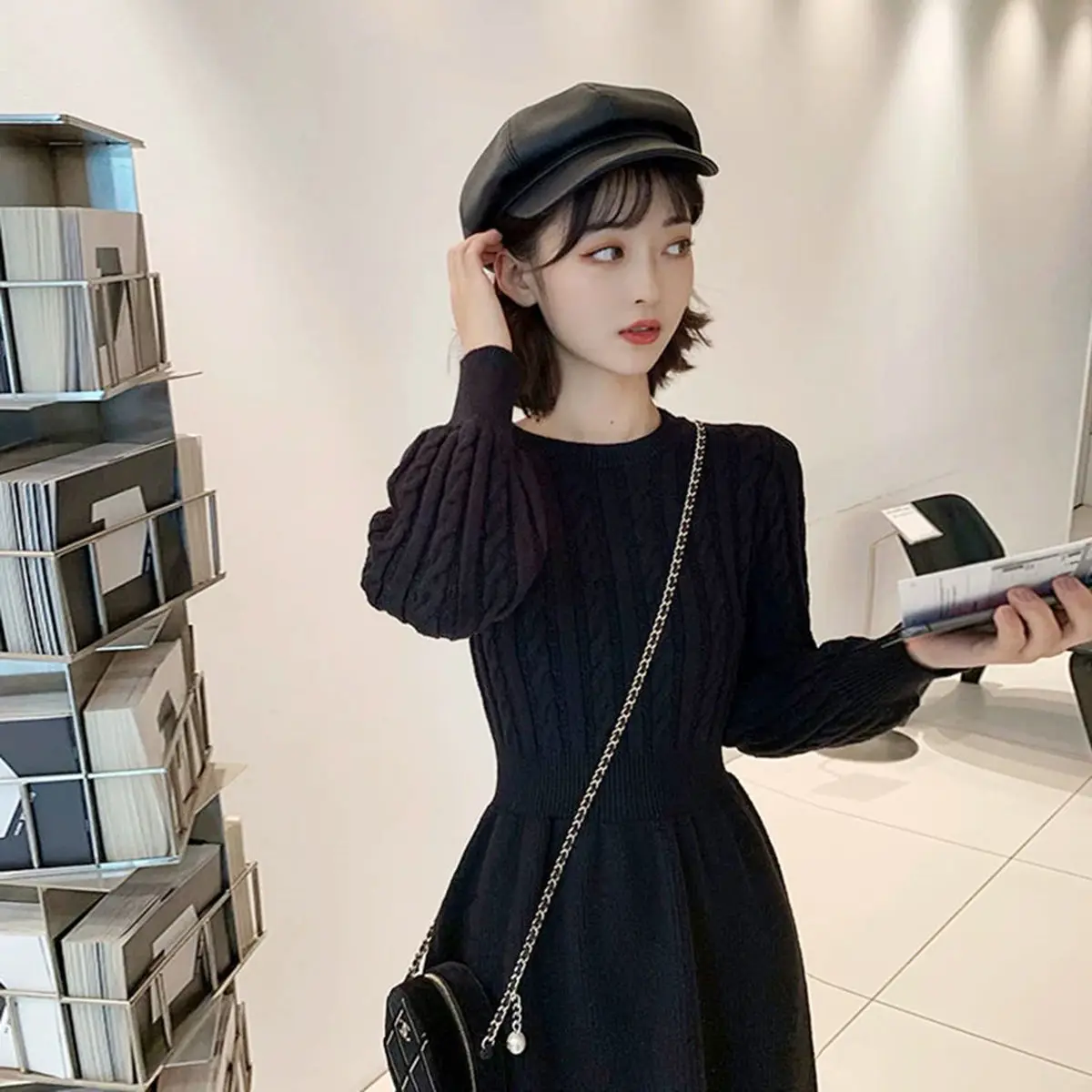 

Autumn Winter Clothing New White Knitted Fabric Dress Sweater Dresses for Women Vestido De Mujer