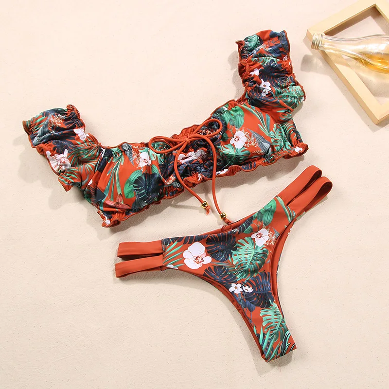 2021 Бикини бандо бразильский купальник с пуш ап женское бикини со складками сексуальный принтом женские