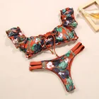2022 Бикини бандо, бразильский купальник с пуш-ап, женское бикини со складками, сексуальный купальник с принтом, женские бандажные комплекты бикини на одно плечо