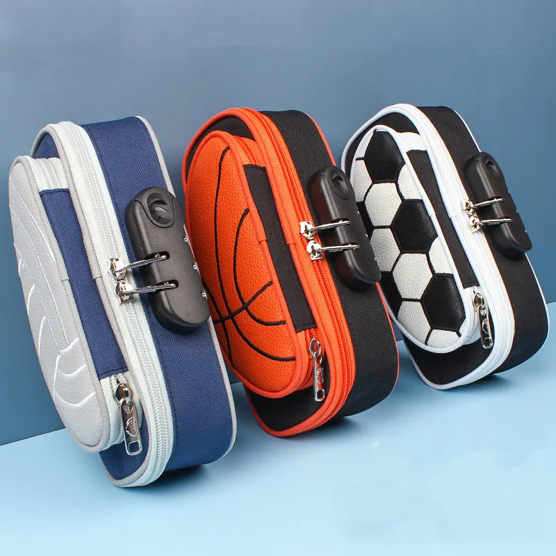 Cases Boys Sports Series Basketball Pen Holder Large Capacity Stationery Box Coded Lock Home Office School Storage Bag