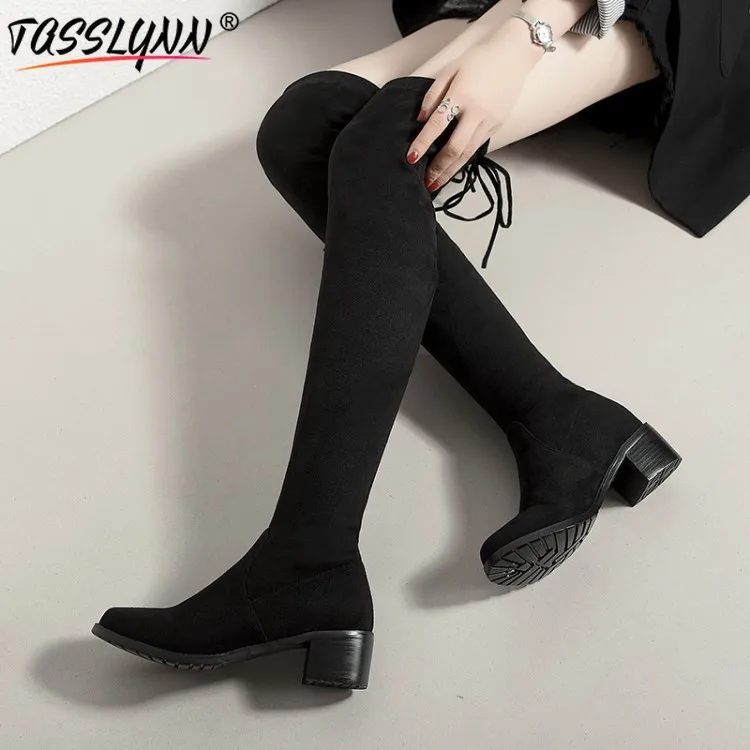 

TASSLYNN 2019 Lace Up Women Boots Square Heel Boots Winter Shoes Woman Over The Knee Boots Stretch Fabric Women Shoes Size 34-43