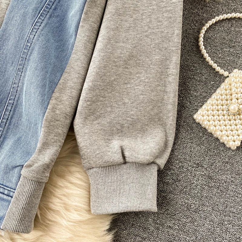 

Foamlina denim stitching long sleeve sweatshirt women fashion o neck long sleeve oversized sweatshirt female loose pullover tops