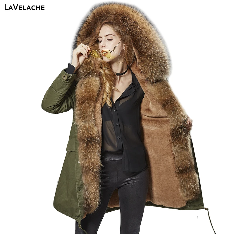 LaVelache Winter New Real Fur Coat Women Long Jacket Natural Raccoon Fur Collar Hooded Luxury Parka Thick Warm Streetwear enlarge