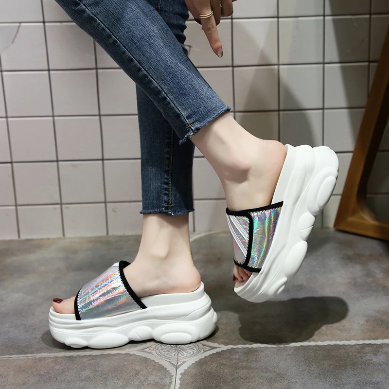 Шлепанцы на танкетке высотой 9 см/3 5 дюйма модные женские летние тапочки обувь