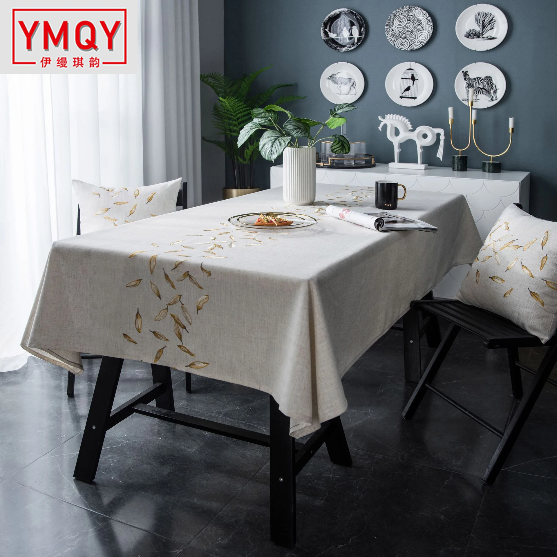 Вышитая скатерть прямоугольная с золотыми листьями из искусственного хлопка и