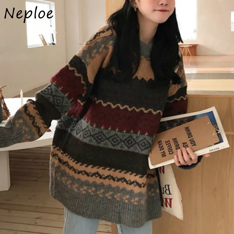 

FAKUNTN Neploe Vintage Print Sweater Women O Neck Pullover Long Sleeve Pull Femme Autumn Winter 2021 New Loose Sueter Warm