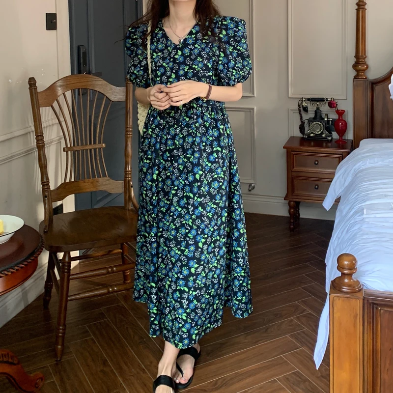 

Korejpaa Women Dress 2021 Summer Korean Fashion Chic Sweet Print V Collar Waist Bubble Sleeve Small Floral Long Dresses Female