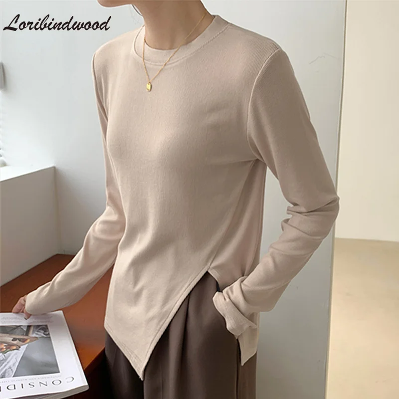 

Loribindwood New 2021 Women's Spring Autumn T-shirt 11 Colors Bottoming Basic Korean Fashion Wild Lady Split Irregular Tops