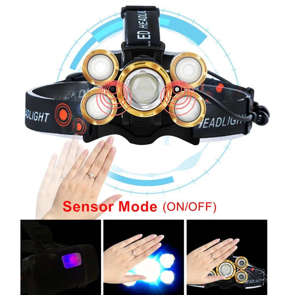 Налобный фонарь T6 светодиодный с ИК-датчиком 5 лм масштабируемый высокой