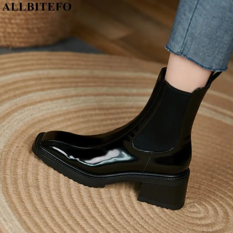 

ALLBITEFO Square Toe Elastic Band Winter Shoes Genuine Leather High Heel Boots Shoes Women Boots Fashion Ankle Motocycle Boots