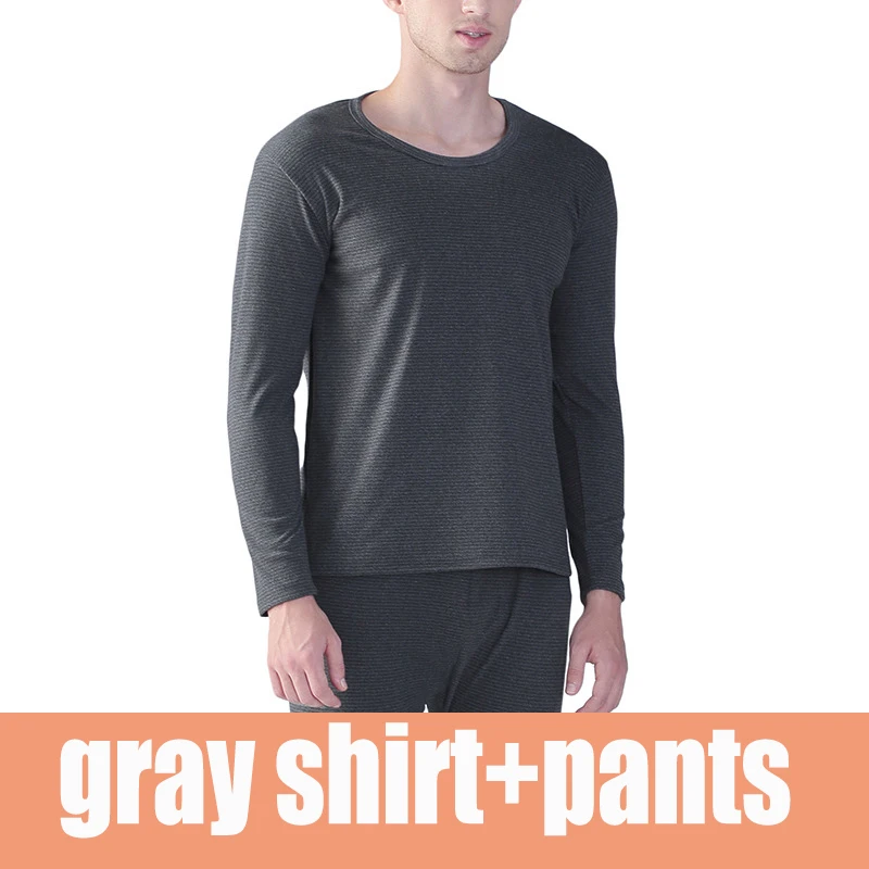 Gray shirt pants Мужские хлопковые кальсоны, костюмы, Осень-зима, свободные, плюс размер, XL-7xl, в полоску, с круглым вырезом, термобелье, Топы+ штаны, комплект из 2 предметов - Цвет: Gray shirt pants