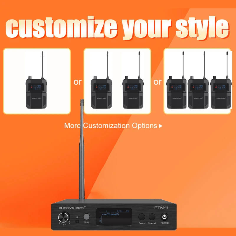 

DIY In Ear Monitor System Phenyx Pro PTM-11 UHF Mono Left/Right Outputs 50 Frequencies Wireless Monitoring System In Ear 164ft