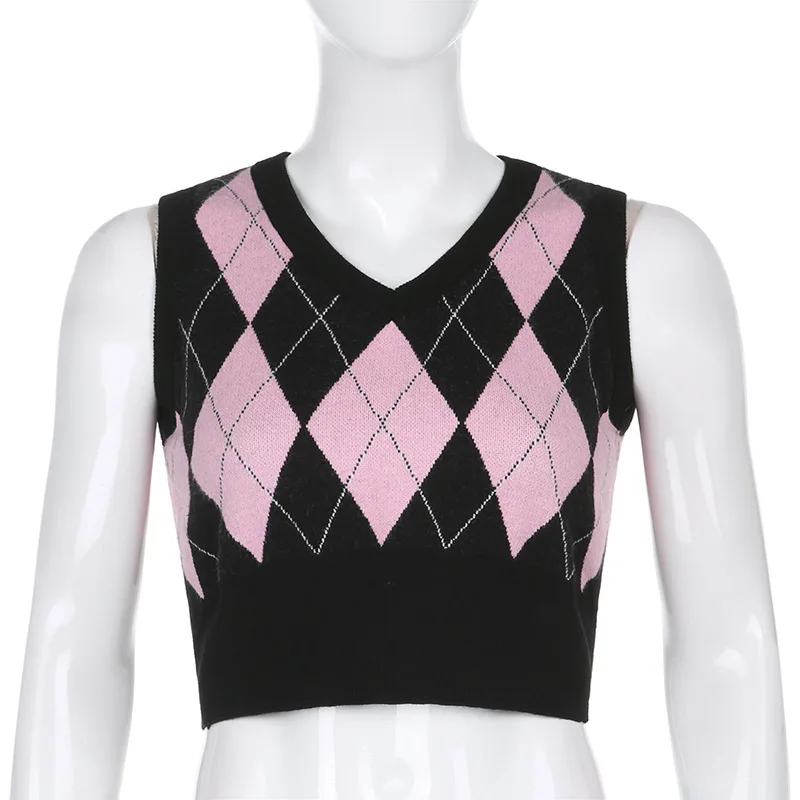 

Mujer tops V Neck Vintage Sweater Vest Women Black Sleeveless Plaid Knitted Crop Sweaters Casual Autumn Preppy Style топ corset