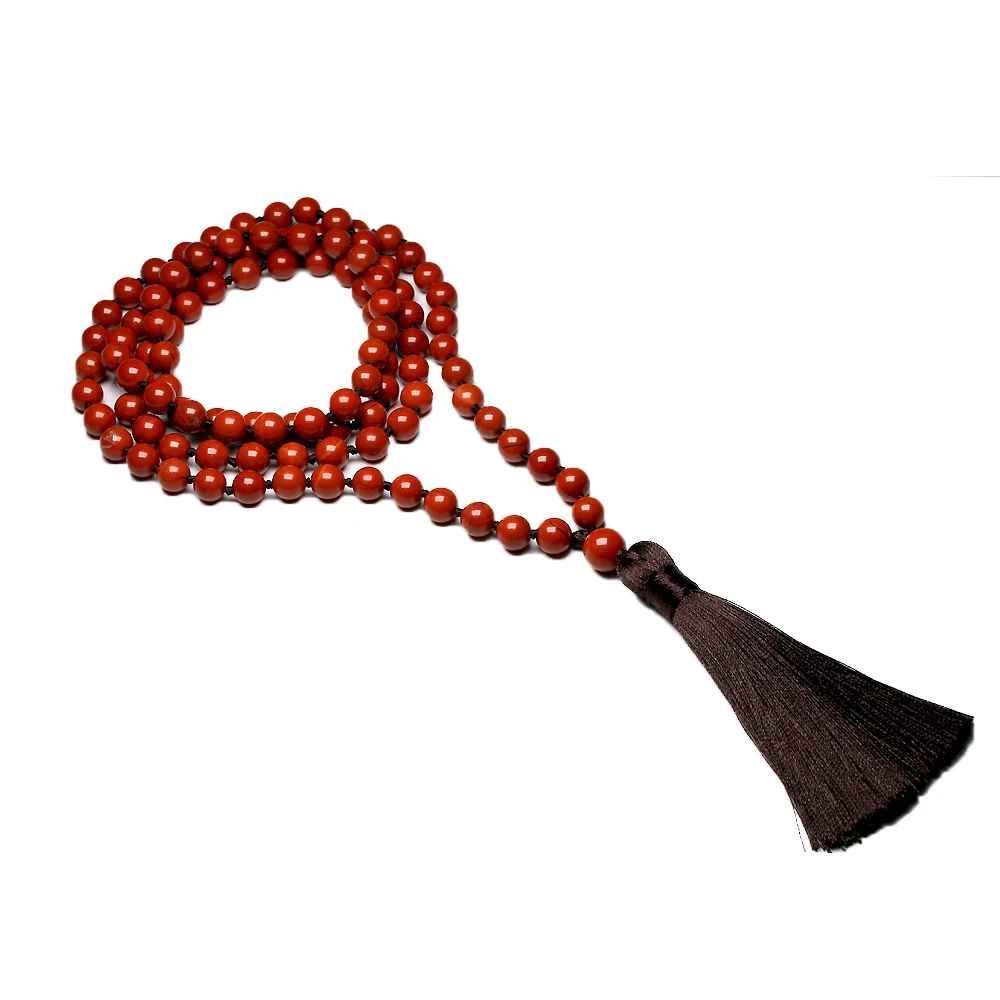 

108 Natural Stone Red Jasper Japamala Necklace Mala Knotted For Women Men Meditation Yoga Beads Rosary Tassel Jewerly