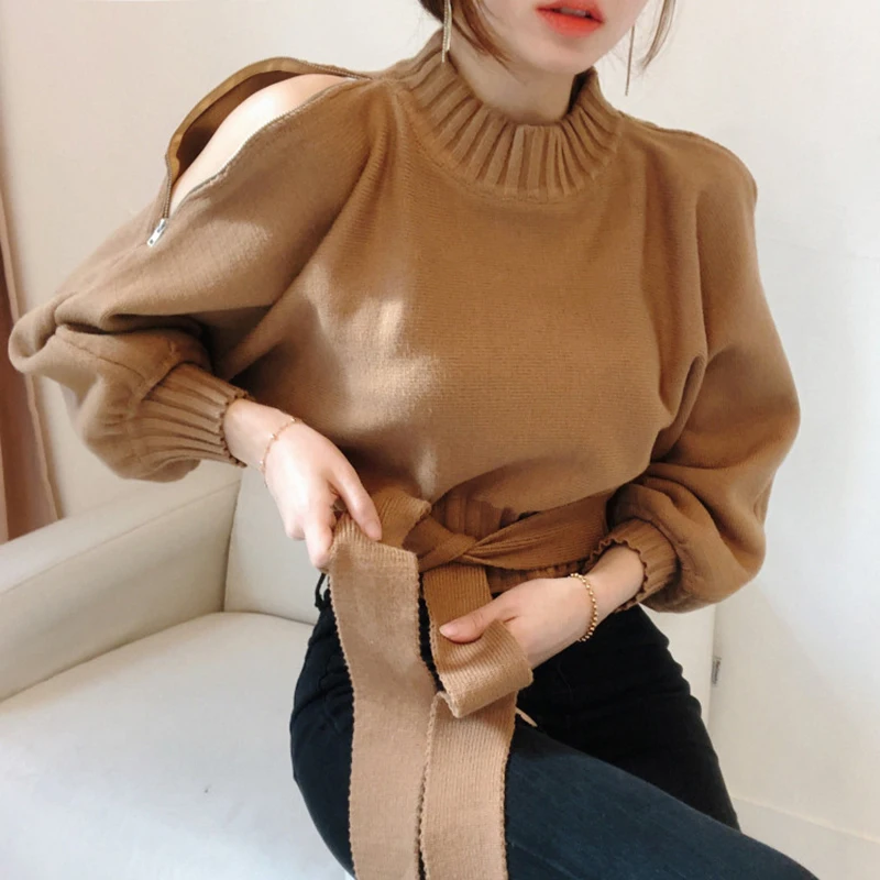 

Women Off Shoulder Sweater Long Sleeve Stand Collar Knitted Sweater Lace Up Pullovers Retro Women Tops Autumn Winter Clothes
