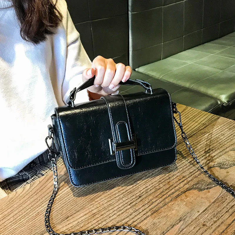 

Japanese Style Handbag Fashion Pure Color PU Leather Women's Shoulder Messenger Bag Retro Metal Chain Female's Small Square Bag
