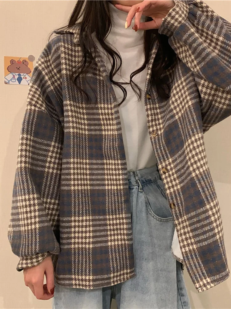 Женская утепленная блузка Свободное пальто средней и длины в клетку с матовым