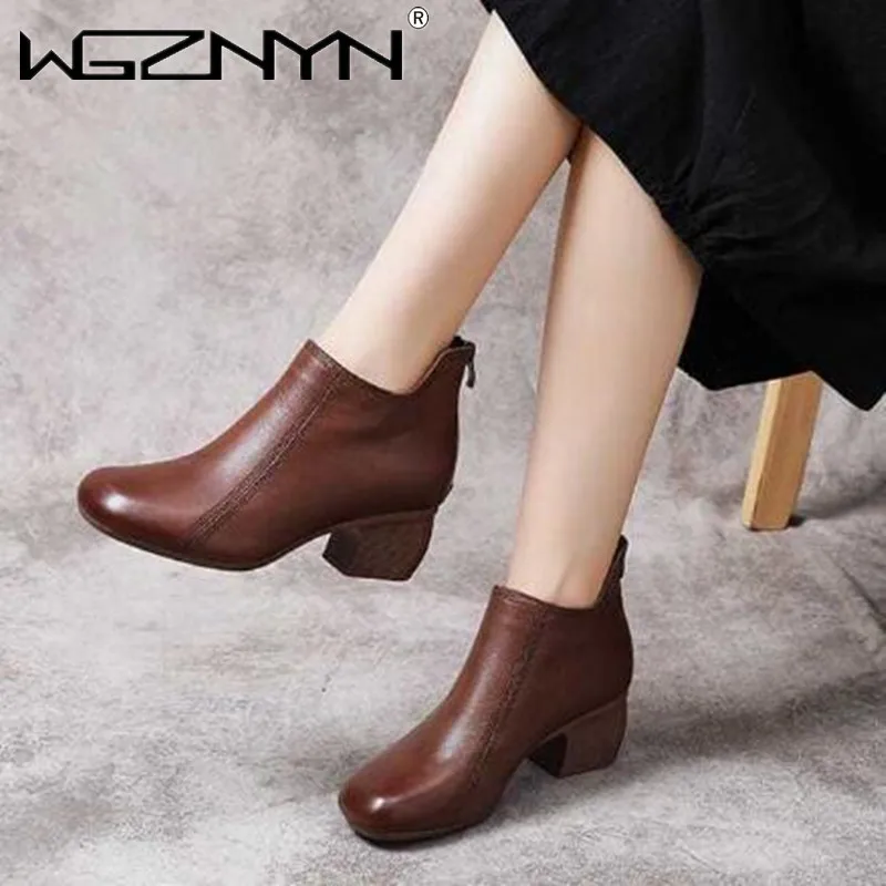 

New Autumn Vintage Genuine PU Leather Low-Heeled Shoes Woman Zipper High Heels Ankle Boots for Women Booties Warm Cotton Shoes