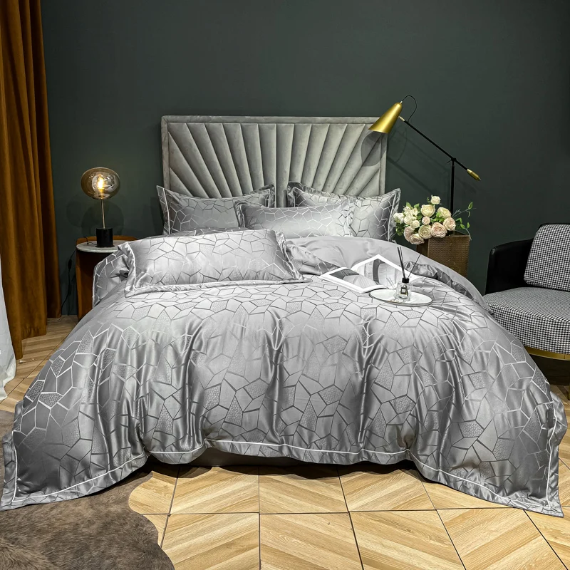 

New Luxury Gray Simplicity Fashion Jacquard Cotton Sanding Bedding Set Duvet Cover Fitted Bed Sheet Pillowcases Home Textiles
