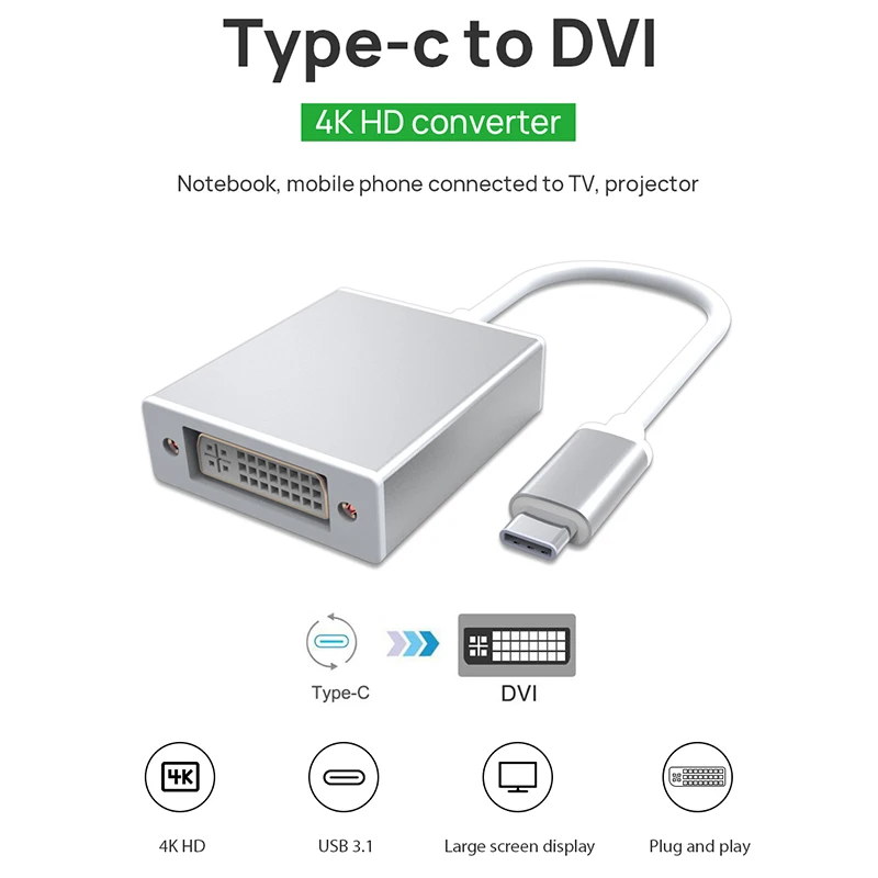 Тип C DVI адаптер USB-C 3 1 мужчина к 1080P конвертер Портативный расширенный кабельный
