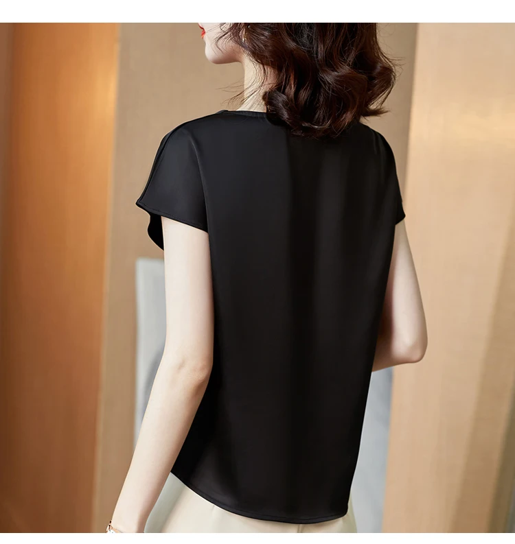 

Summer Korean Fashion Silk T-shirts for Women Vintage Satin Tops for Women Short Sleeves Plus Size XXXL Office Lady Shirts