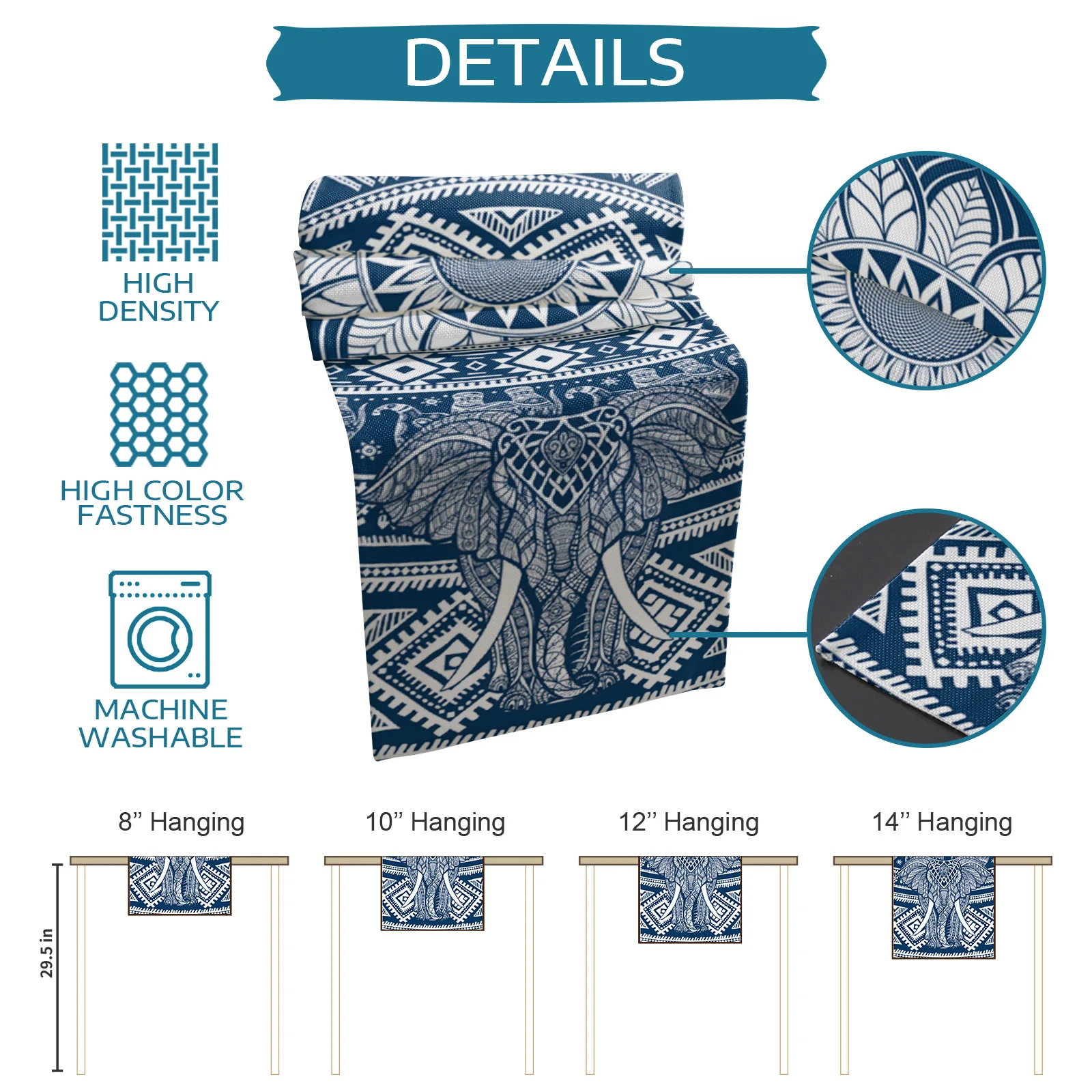

Mandala Pattern Elephant Blue Table Runner Wedding Table Decor Hotel Home Dining Table Decor Tablecloth and Placemats