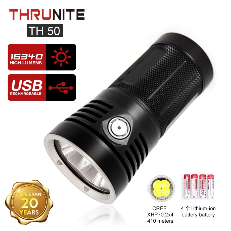 ThruNite TN50 Flashlight 16340 Lumens Four Corners XHP70.2 Super Bright Monster Rechargeable Flashlight  long life span C