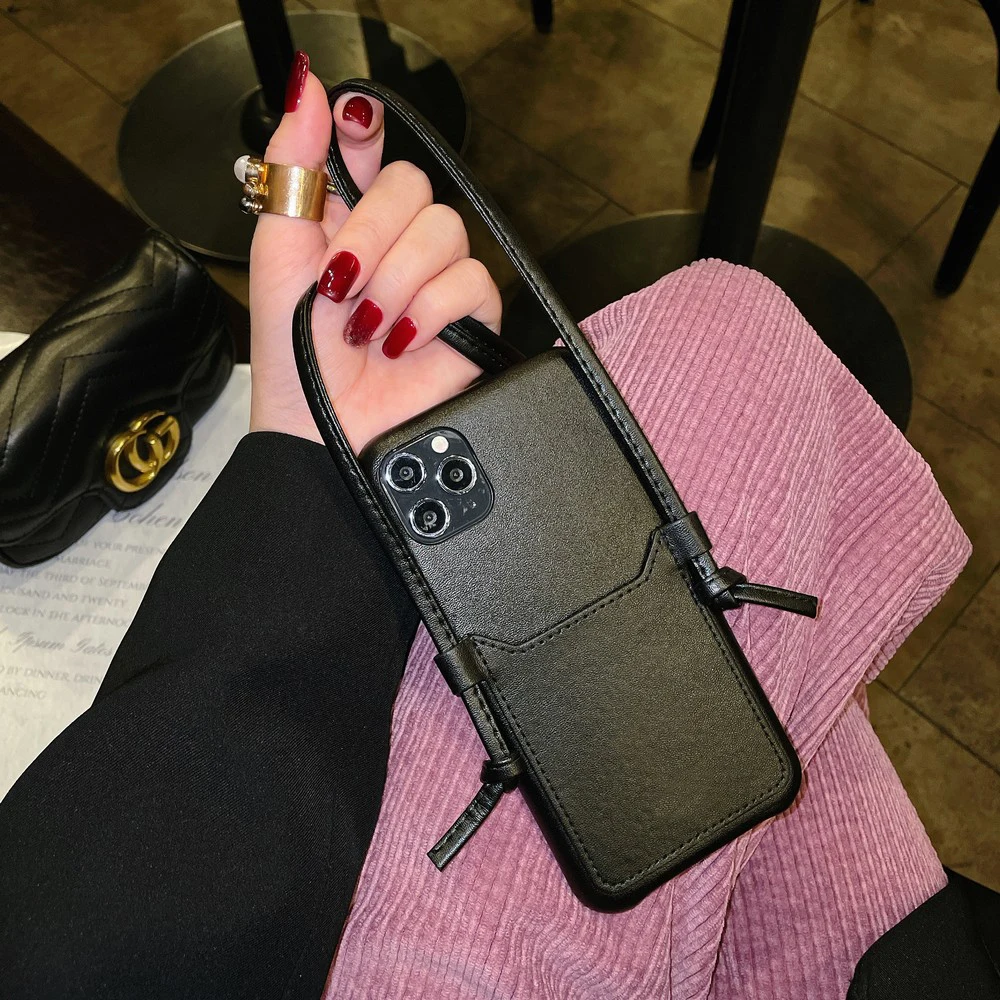 original real leather case for iphone 13 12 11 pro max xs card pocket cover for iphone xs max xr x 7 8 plus case neck rope funda free global shipping