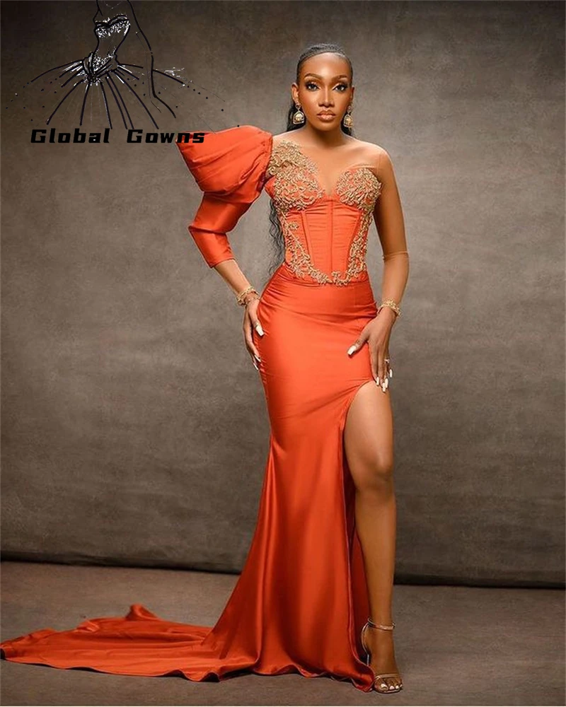 

Sexy Orange Aso Ebi African O Neck Evening Dresses Beaded Ruffles Party Dress Side Slit Mermaid Dinner Gown For Ladies