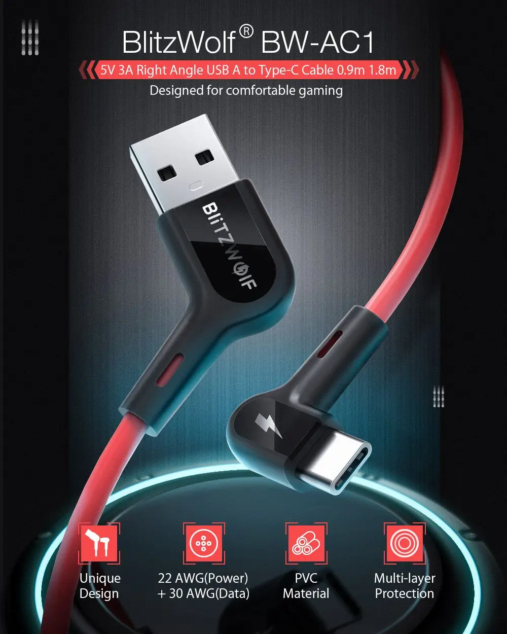 Blitzwolf BW-AC1 USB A к type C 3A зарядный кабель для передачи данных 90 ° под прямым углом для samsung Xiaomi HUAWEI играя в игры для мобильных телефонов