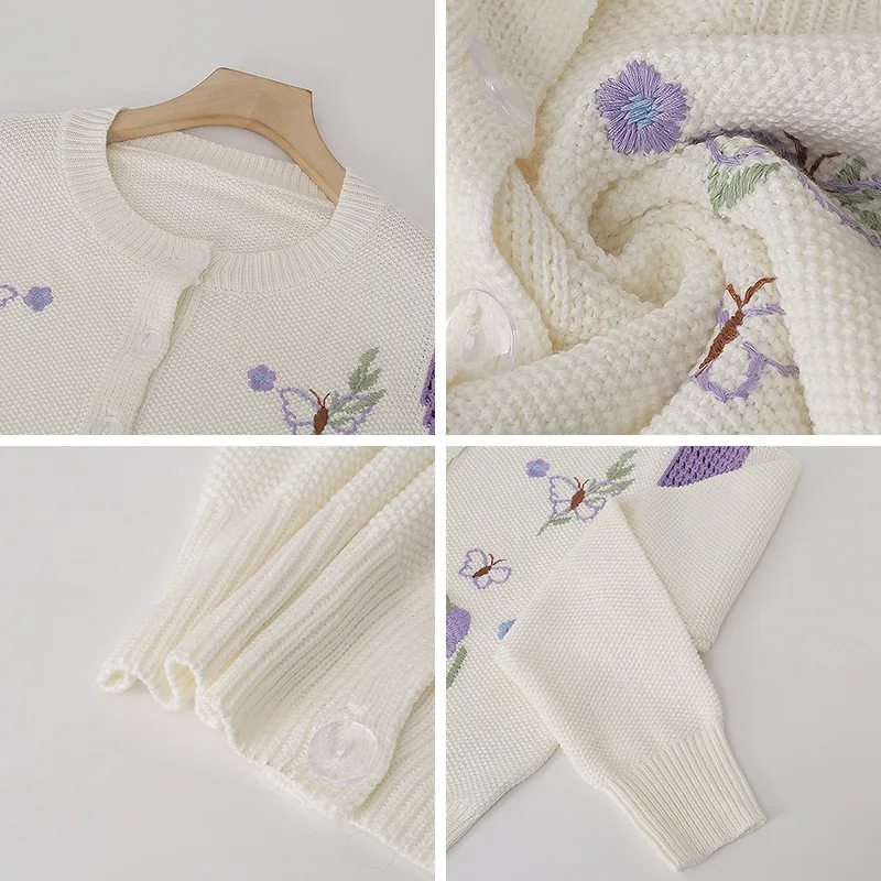 

Sweet Floral Embroidery Butterfly Florets Knitted Sweaters Long Sleeve Women Tops Spring Autumn Casual Cardigans Sweater T1328