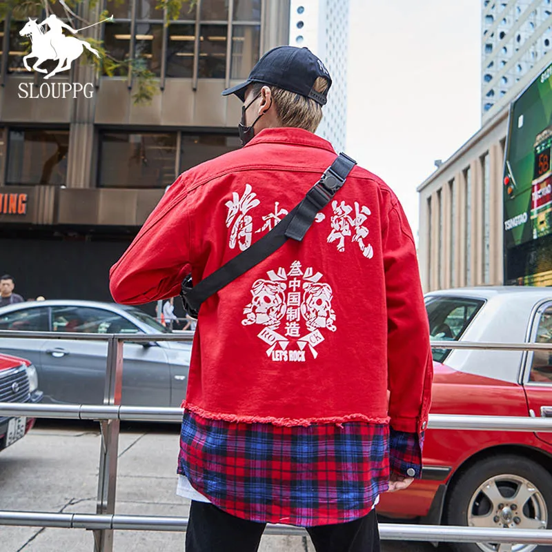 Весенне-осенняя мужская джинсовая куртка с буквенным принтом в китайском стиле