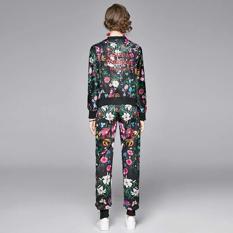 

Autumn Winter Casual Tracksuit Women Two Piece Outfit Fashion Long Sleeve Floral Print Jacket and Pants Suit Matching Sets