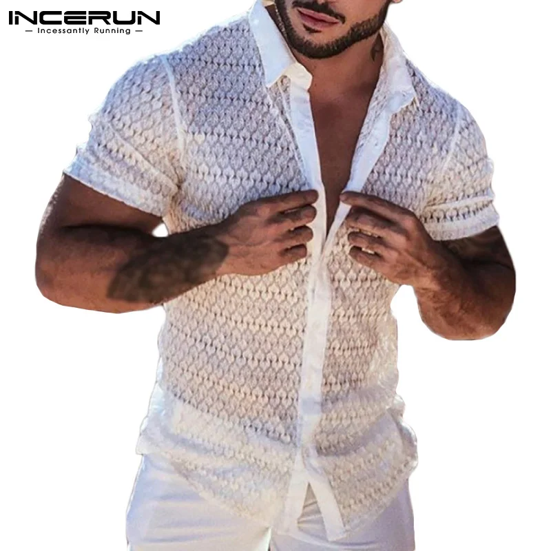 Men Mesh Shirt Lace Lapel Short Sleeve Streetwear See Through Casual Tops Sexy Party Nightclub Shirts 2022 Camisas 5XL INCERUN