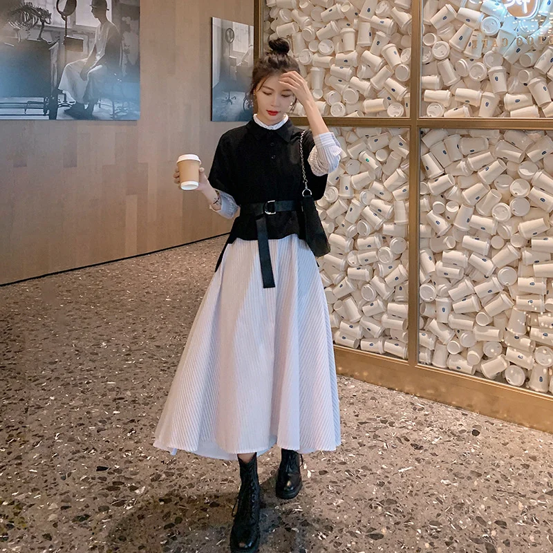 

Черно-белое женское платье с прострочкой Новинка весна-осень 2021 индивидуальный дизайн с длинными рукавами модное длинное женское платье из...