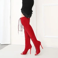 womens sexy red suede stiletto lace up boots lady fashion fish mouth over the knee boots female large size 43 thigh high botas