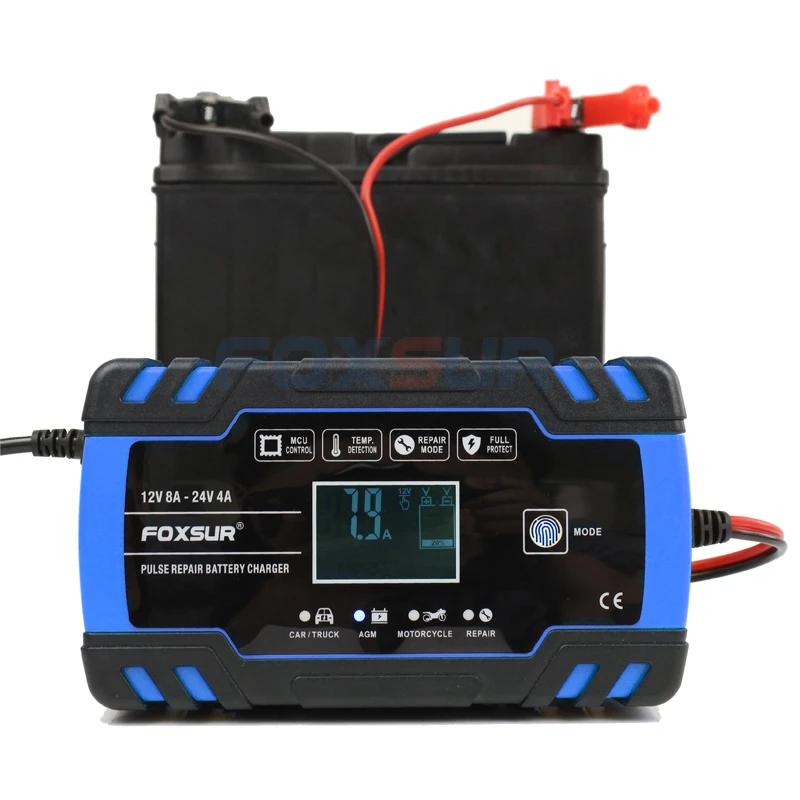FOXSUR автомобиля Мотоциклетные батареи Зарядное устройство 12V 8A 24V 4A смарт-устройство для быстрой зарядки для AGM гель мокрый EFB свинцово-кислотный Батарея Зарядное устройство