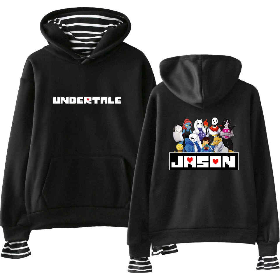 Undertale Sans Hoodies Fashion Stripe Women Pullovers Fake Two Piece Men Cartoon Print Loose Harajuku Sweatshirt | Мужская одежда