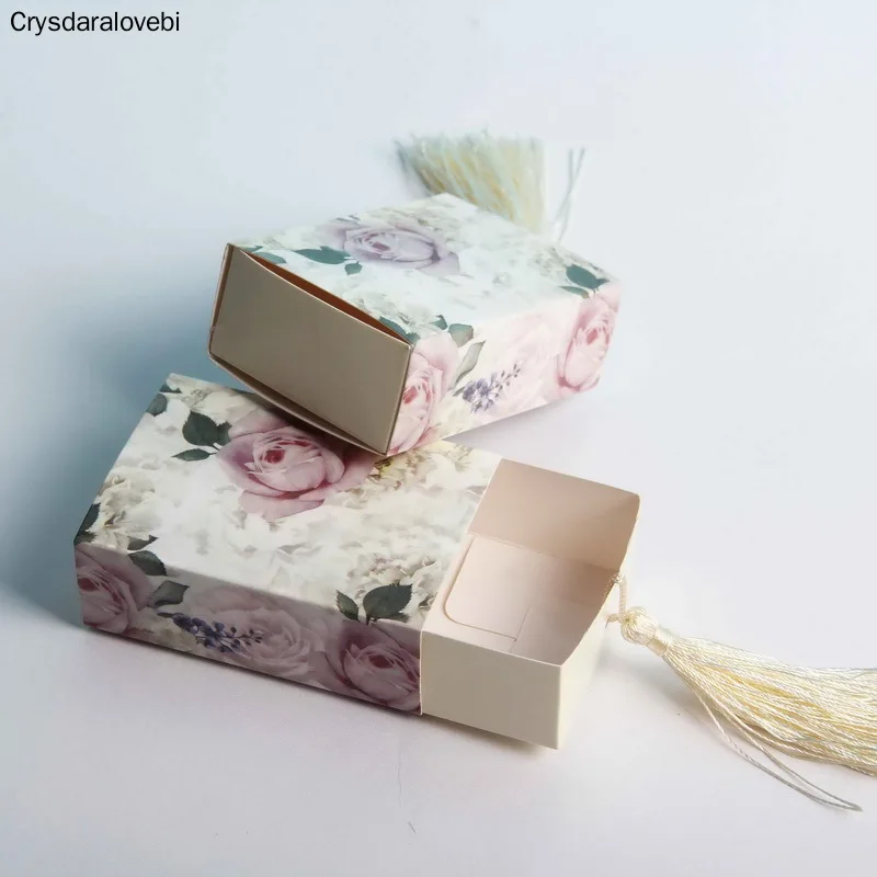 

100pcs/lot Floral Candy Box Drawer Design Party Favor Boxes Craft Paper Box with Tassel for Pulling