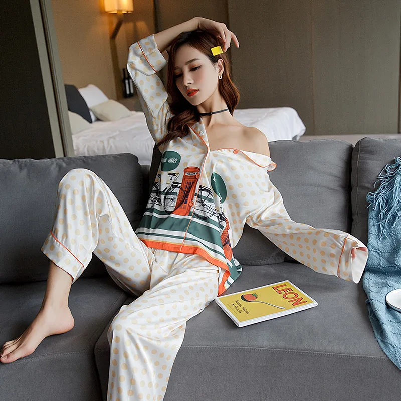 

Satin Sleepwear Women's 2PCS Set Pajamas Suit Soft Print Nightwear Shirt&Pants Spring Autumn New Home Clothes Casual Pyjamas