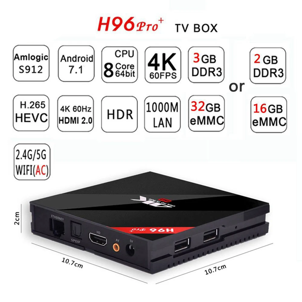 ТВ приставка H96 Pro + Android 7 1 Восьмиядерный процессор Amlogic S912 3G 32 ГБ 2 4 ГГц/5 8 ГГц Wi Fi 4K