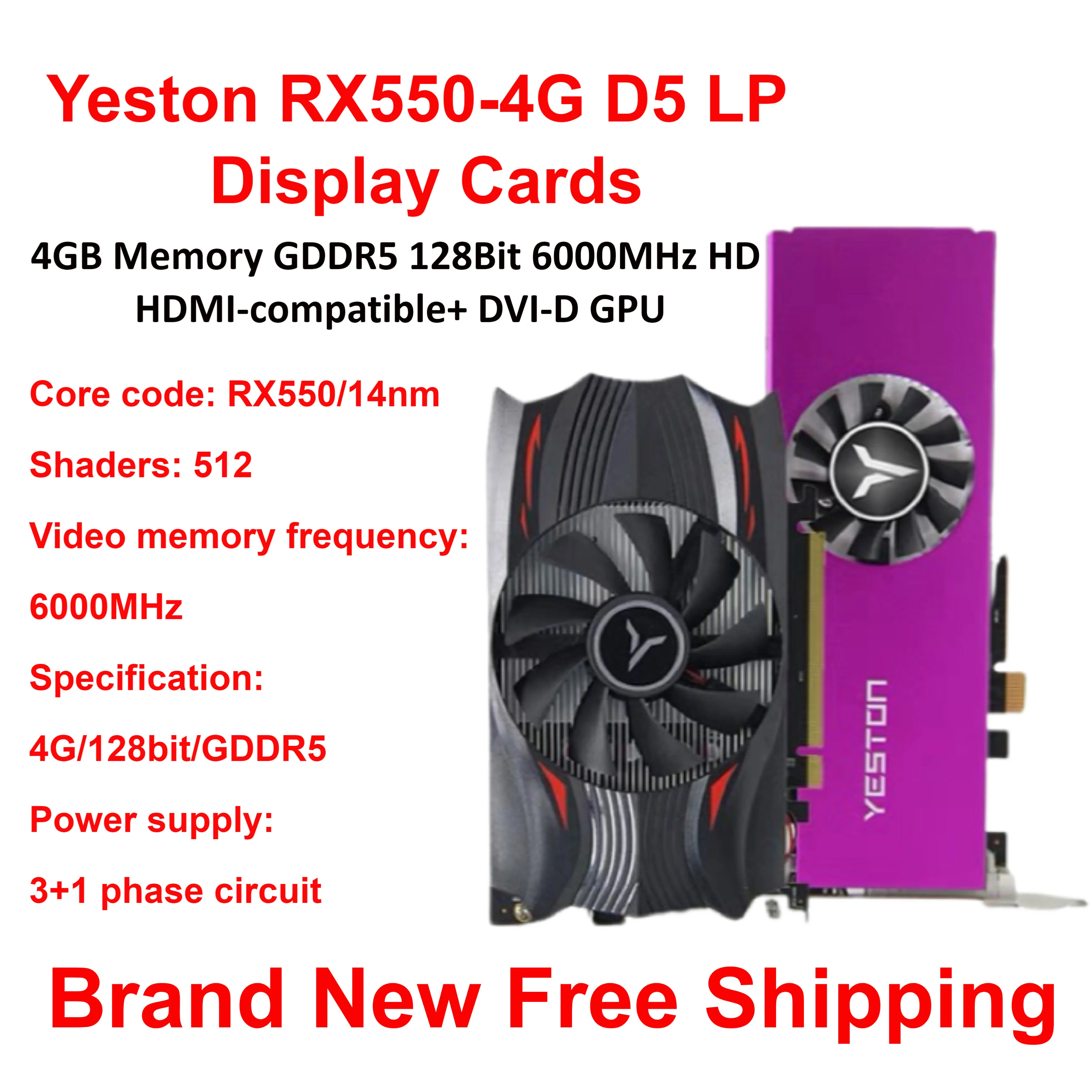 

Yeston RX550-4G D5 LP Display Cards Radeon Chill 4GB Memory GDDR5 128Bit 6000MHz HD + HDMI-compatible+ DVI-D GPU