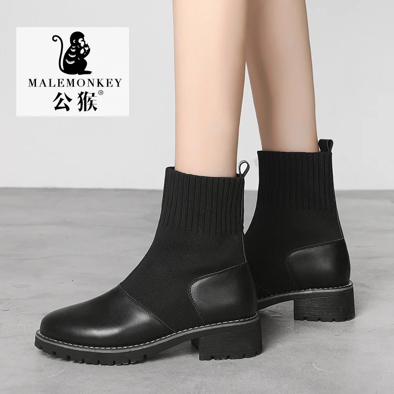 Женские осенние ботинки 2019 дизайнерские Вязаные Черные ботильоны женская