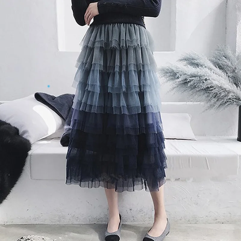 Женская длинная юбка с градиентом SETWIGG синяя многослойная трапеция из тюля до