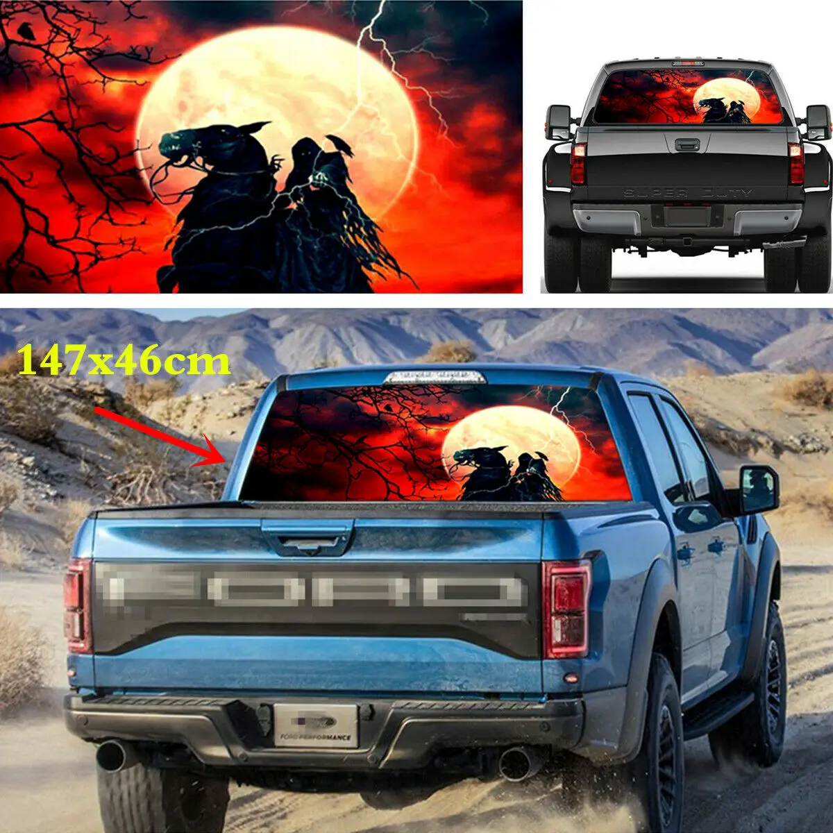 

Car Rear Window Sticker Moonlight Grim Reaper War Horse Crow Graphic Stickers Sunscreen Auto Sticker Exterior Accessories