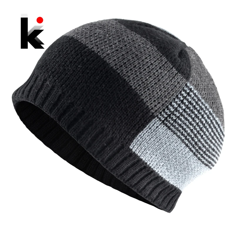 

New Winter Skullies Beanies Men Thick Knitted Plaid Hats Outdoor Casual Beanie Bonnet Men's Knitting Double Layer Velvet Gorras