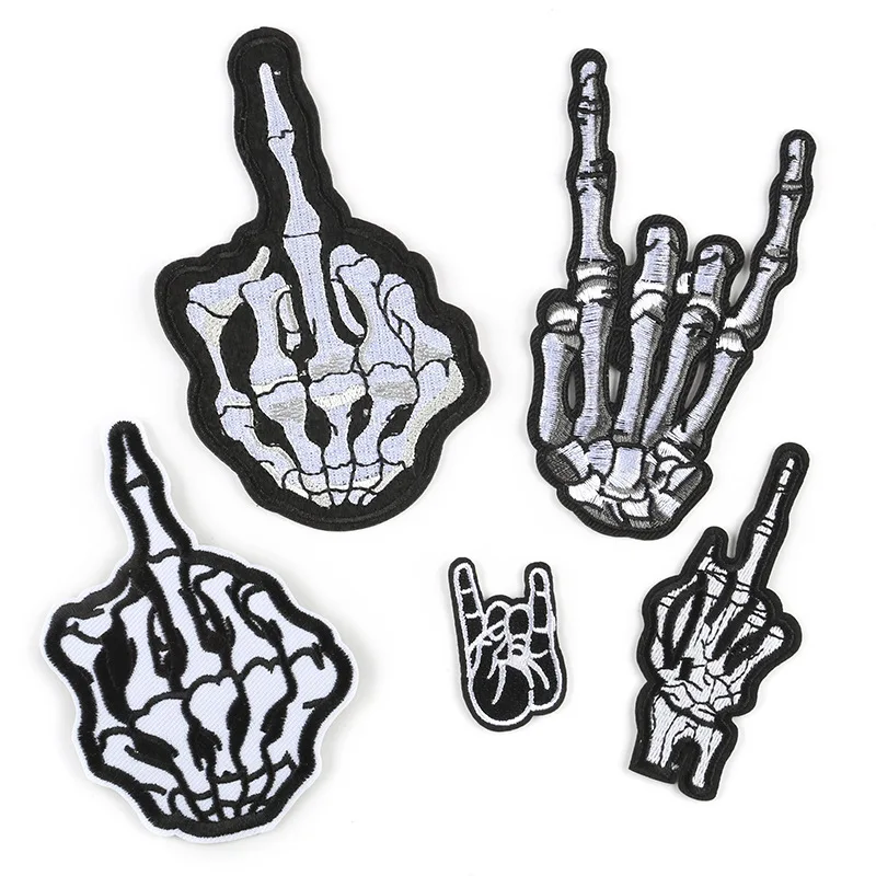 

5 pcs Skull Embroidery Finger Series For Ironing Patches Clothes DIY For Hat Jeans Sticker Sew-on Embroidered Patch Badge